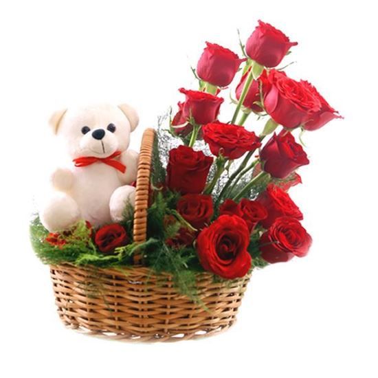 Red Roses Basket & Teddy Bear